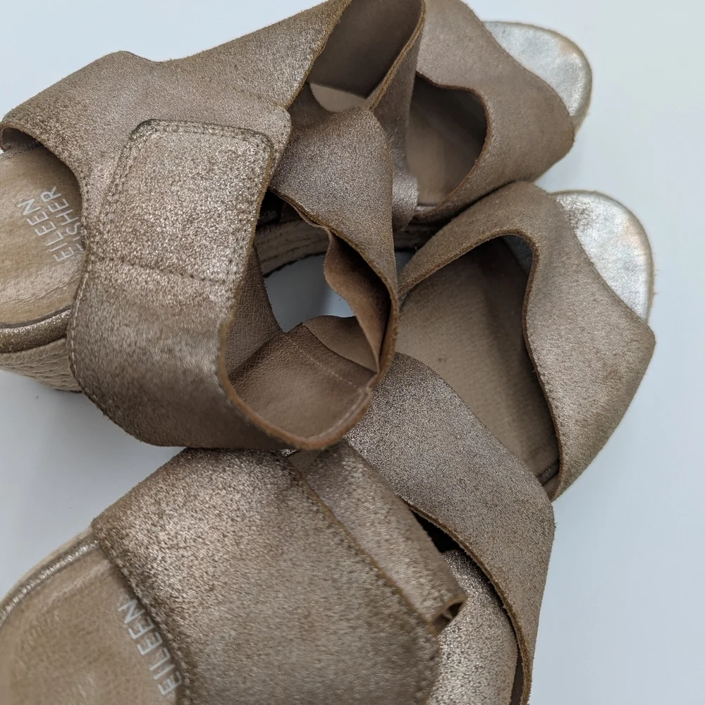 Eileen Fisher Willow Leather Wedge Sandals Espadrilles Silver Metallic 9.5 Boho